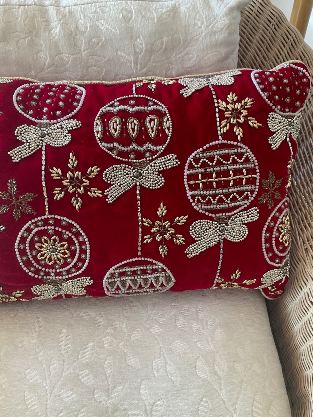 Vintage Elegant Red Velvet Hand Beaded Pillow